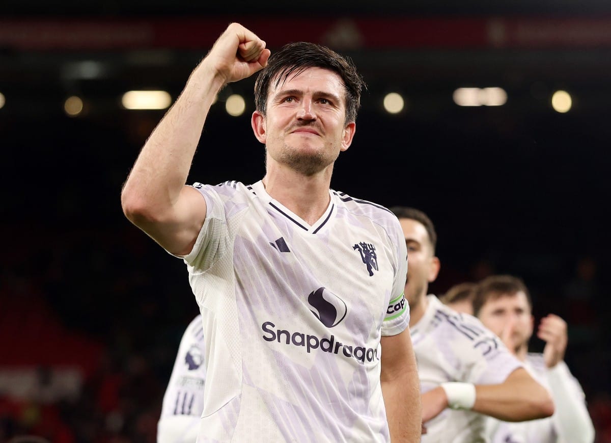 Harry Maguire celebrates Manchester United's win away to Liverpool
