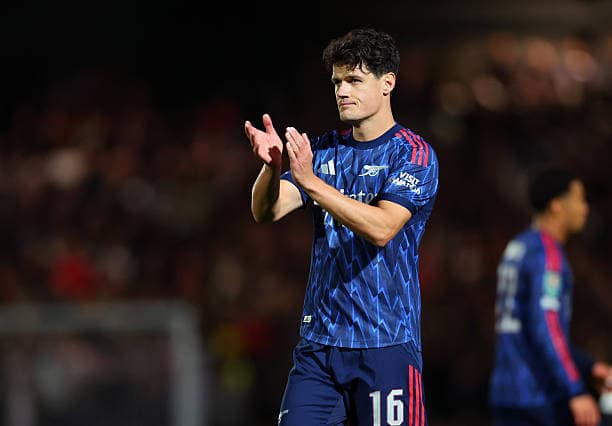 Christian Norgaard applauds the Arsenal fans after win vs Port Vale